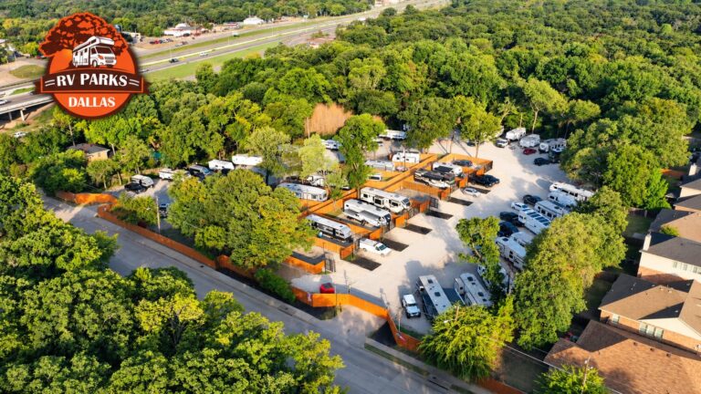 Aerial view of Dallas Shady Oaks RV Park surrounded by mature shade trees, with gated RV sites along a gravel drive