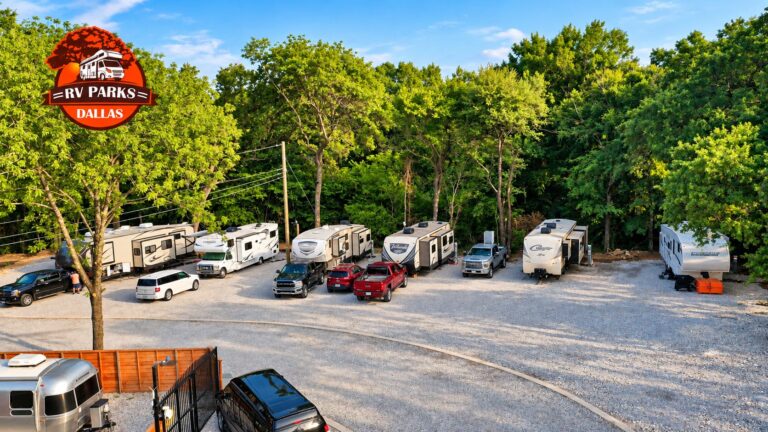 Aerial view of standard RV sites under shade trees at Dallas Shady Oaks RV Park